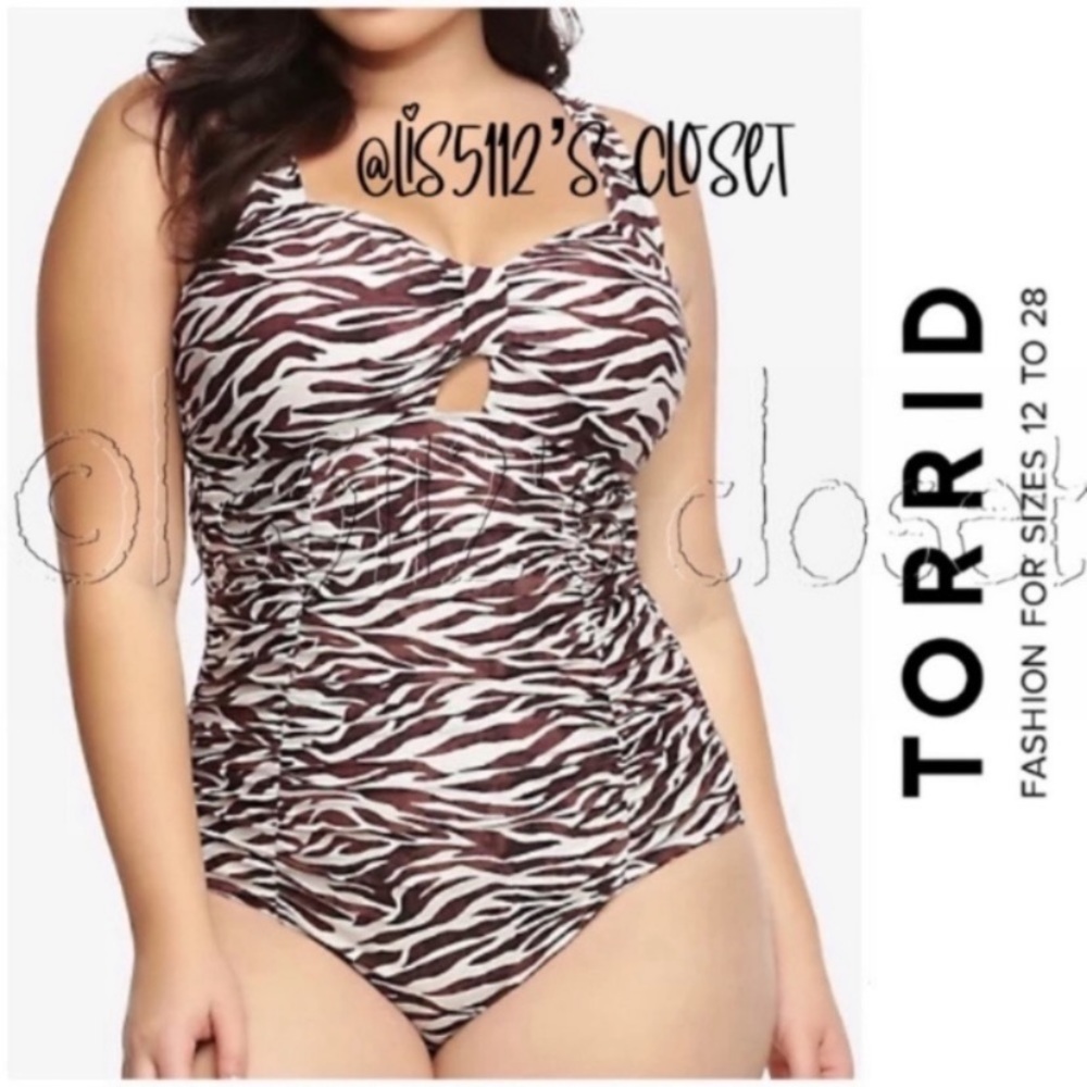 Torrid Brown Zebra Print Safari Peekaboo Halter One Piece Swimsuit 3X 22 24